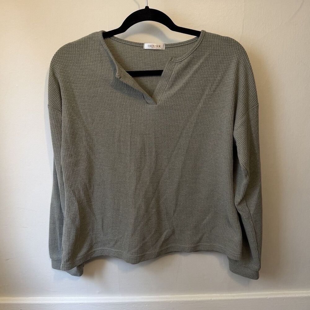 Ekouaer Gray Waffle Knit V-Neck Long Sleeve Stretch Pullover Top Womens S